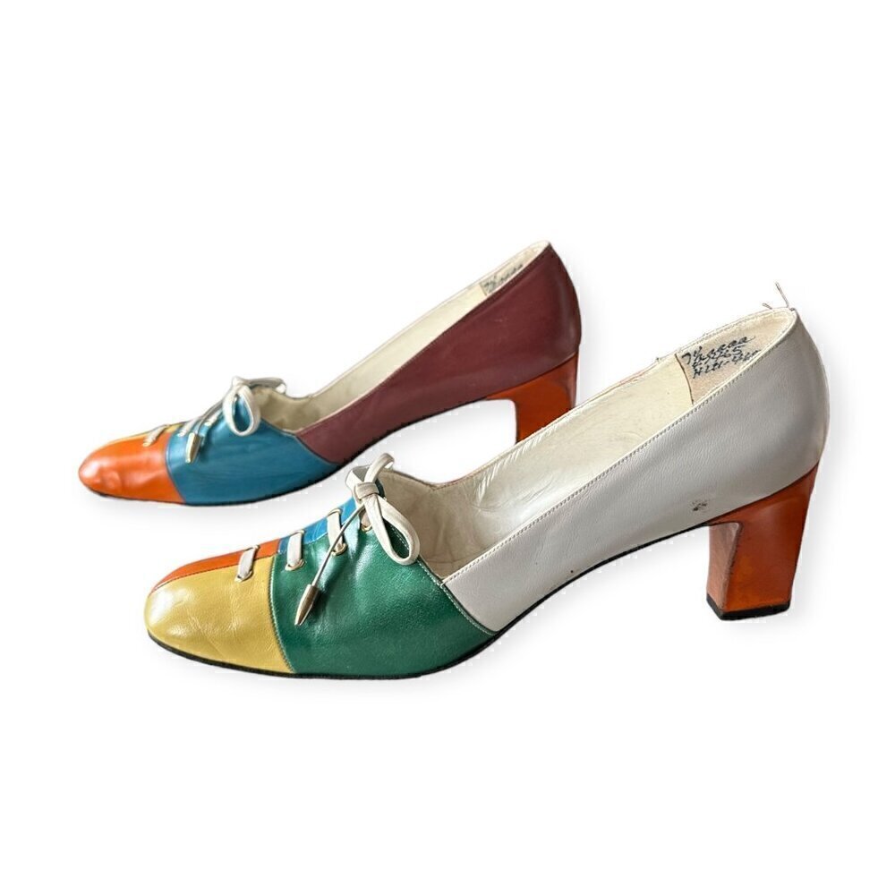 Vintage Herbert Levine Color Block Mod Lace up Pump, Size 7 1/2 aaaa